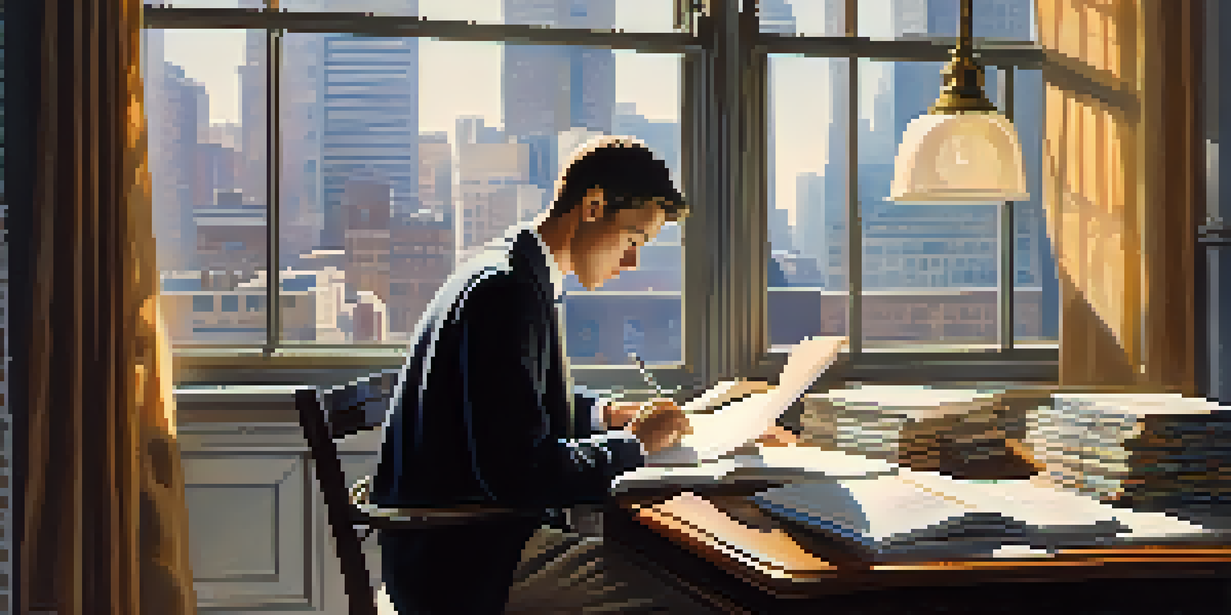 A person studying financial markets at a desk, with books and a laptop, illuminated by sunlight.