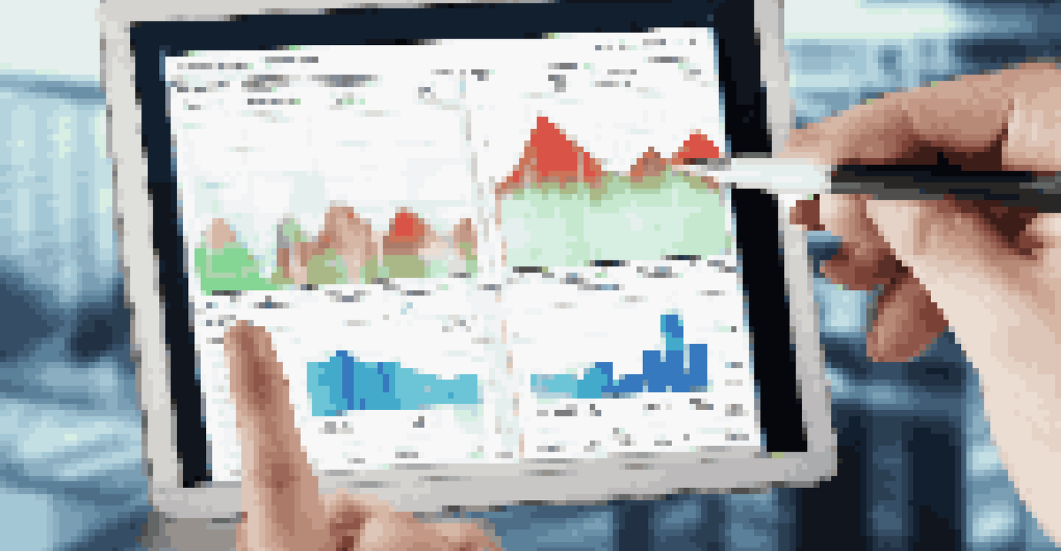 A close-up of a tablet showing stock market trends with a hand indicating a rising graph in a blurred office background.