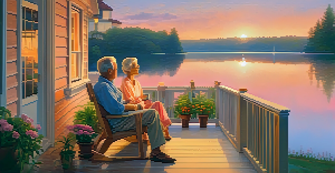 An elderly couple relaxing on a porch with a view of a lake at sunset, surrounded by potted plants.