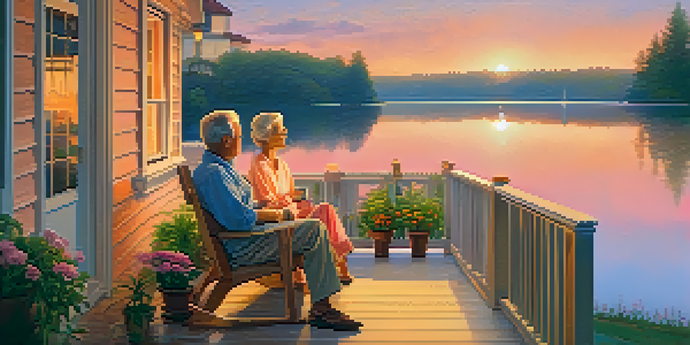 An elderly couple relaxing on a porch with a view of a lake at sunset, surrounded by potted plants.