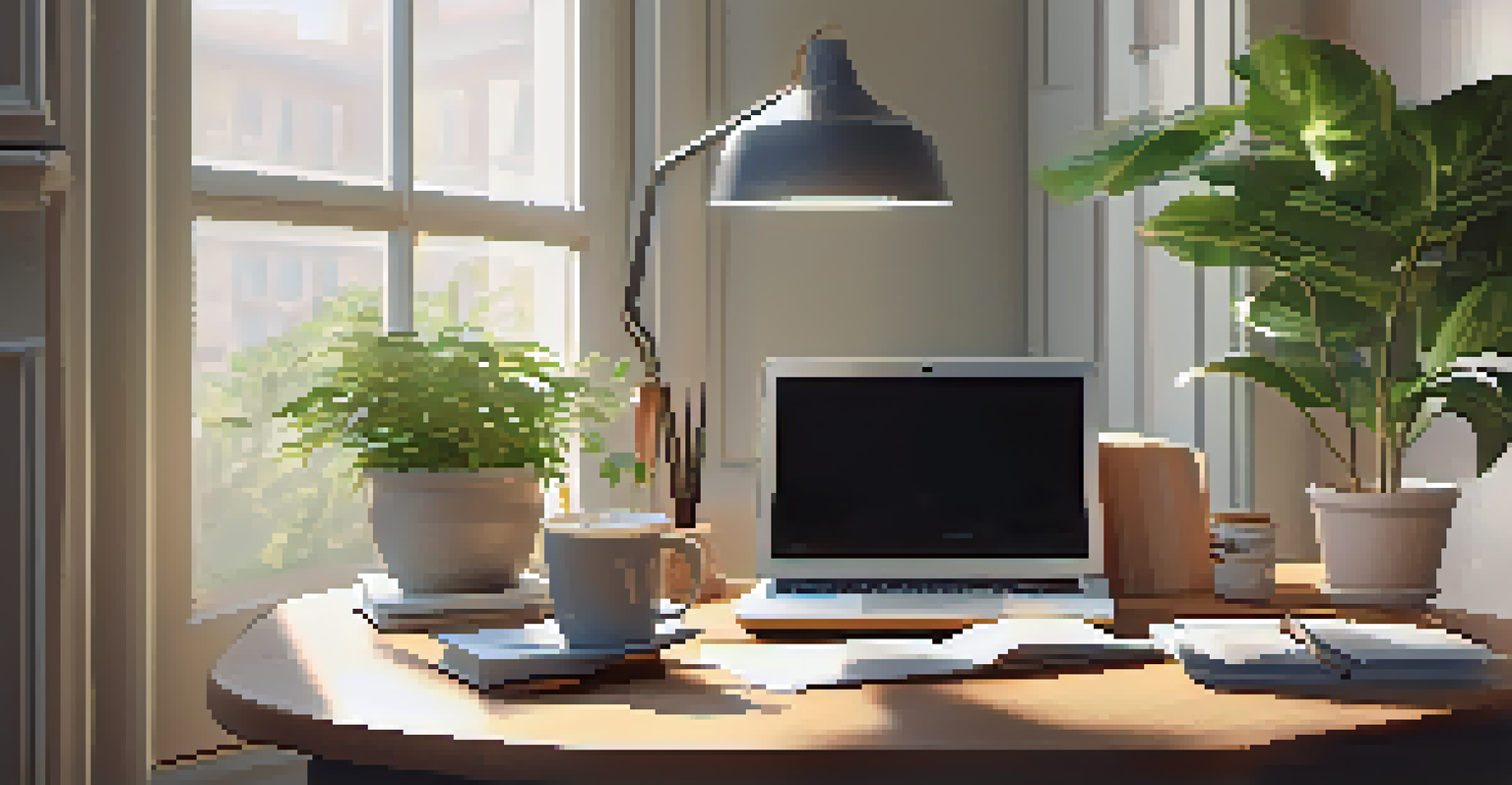 A cozy workspace with a laptop, documents, and a plant, illuminated by soft sunlight.