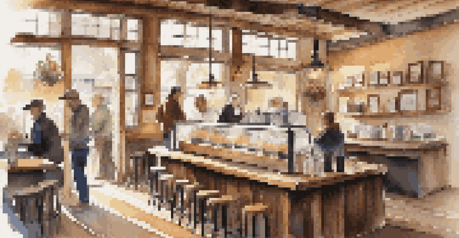A cozy coffee shop with baristas serving coffee and patrons enjoying drinks, decorated with local artwork and warm sunlight.