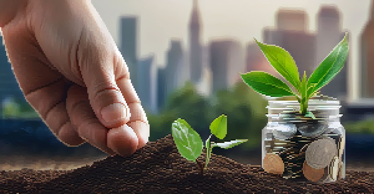 A hand holding a small plant in soil, surrounded by coins and banknotes, representing impact investing.