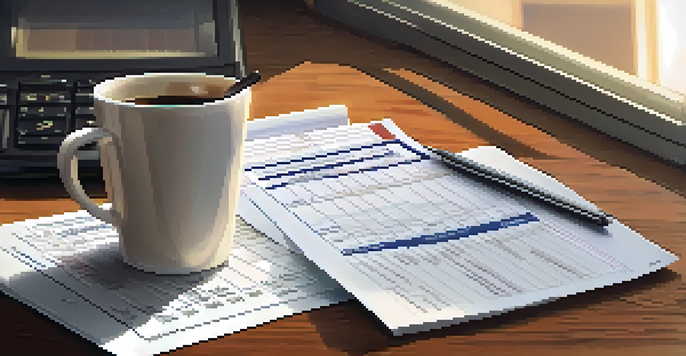 A detailed view of a credit report document on a desk, with a pen, calculator, and coffee cup nearby, illuminated by natural light.