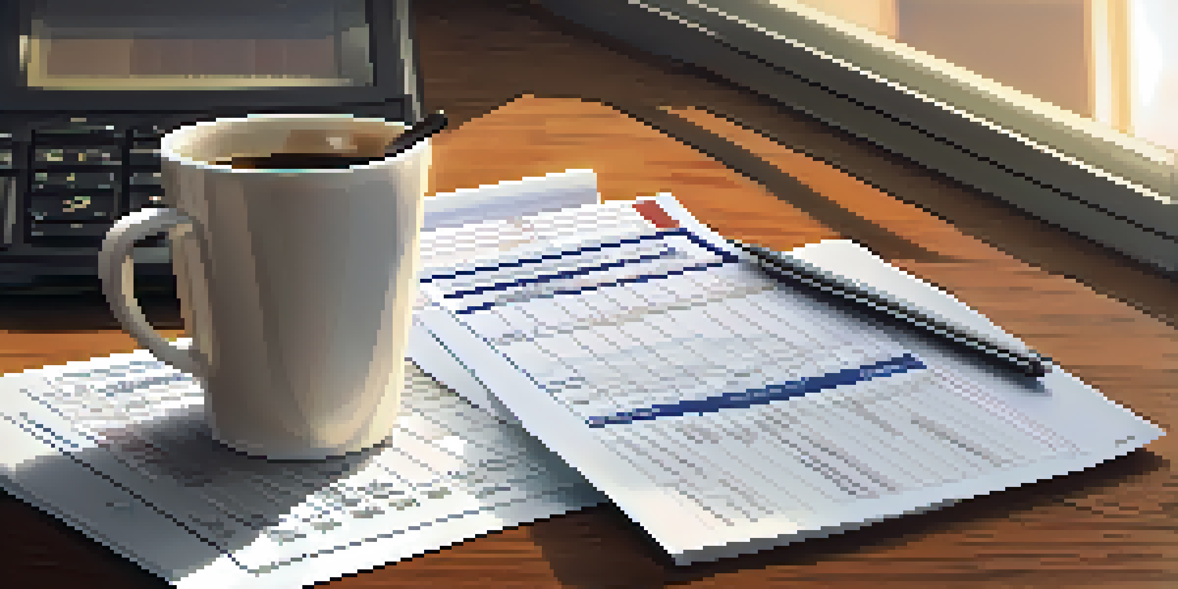 A detailed view of a credit report document on a desk, with a pen, calculator, and coffee cup nearby, illuminated by natural light.