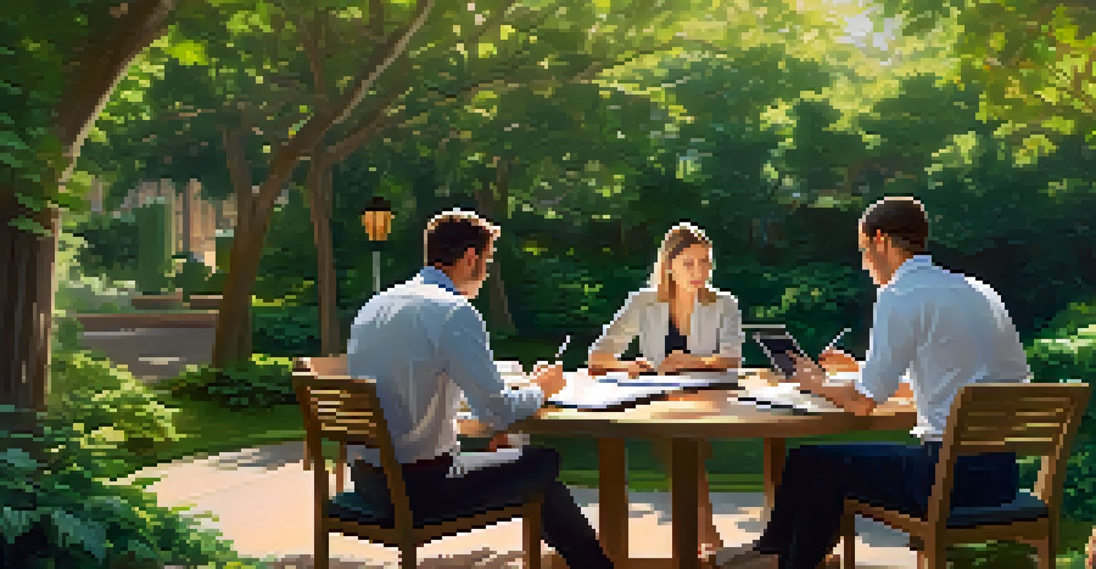 A private equity team brainstorming in a garden, sitting around a table with digital devices, surrounded by greenery.