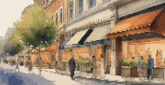 A vibrant shopping street filled with luxurious boutiques and affluent shoppers, illuminated by warm lights during sunset.