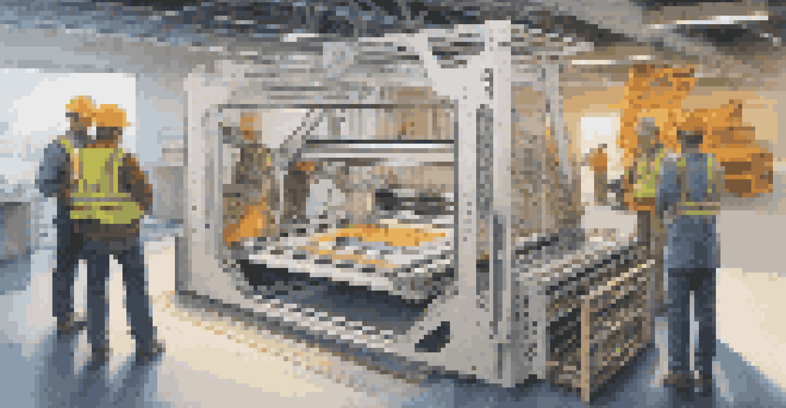 A 3D printer creating a bridge component with construction materials and tools in the background, showcasing modern building techniques.