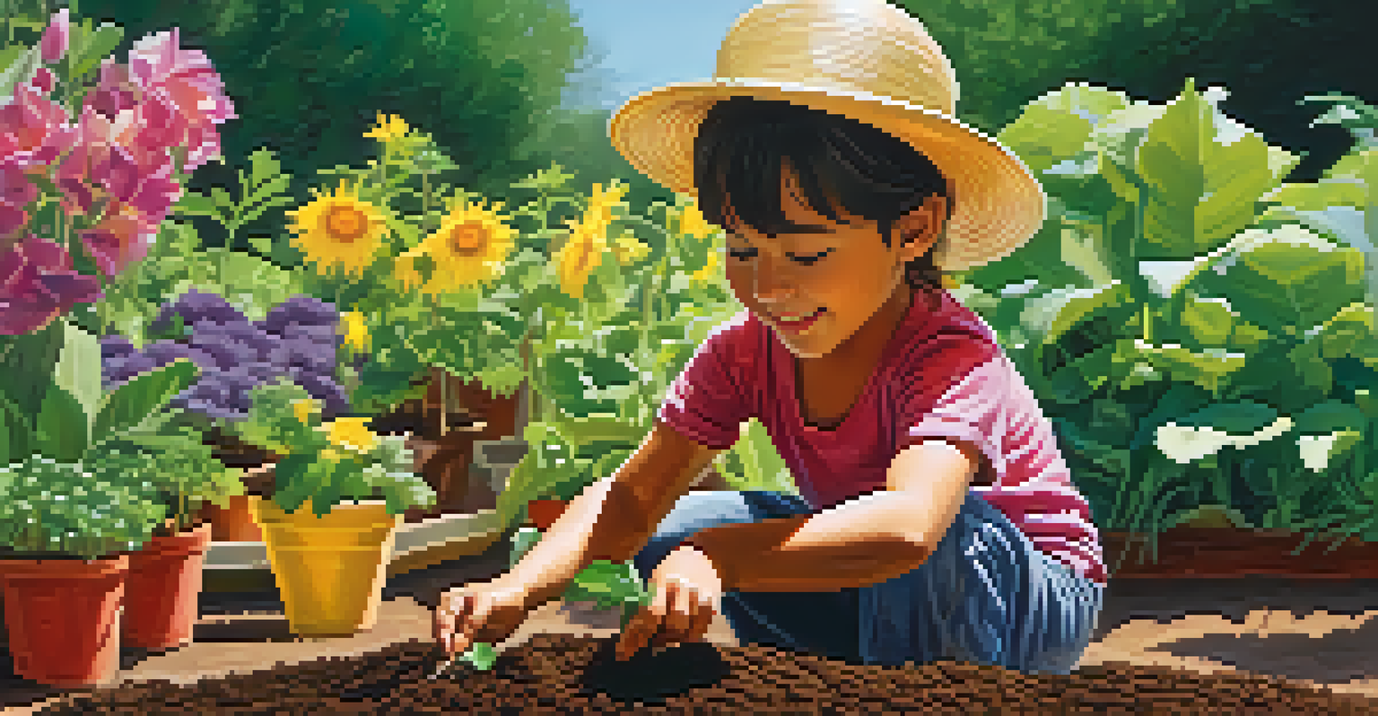 A child planting a seed in a garden with bright flowers and a sunny sky.