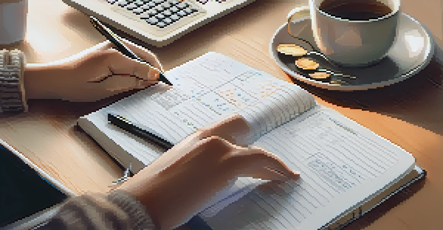 A close-up image of hands using a calculator and writing in a finance journal on a wooden table.