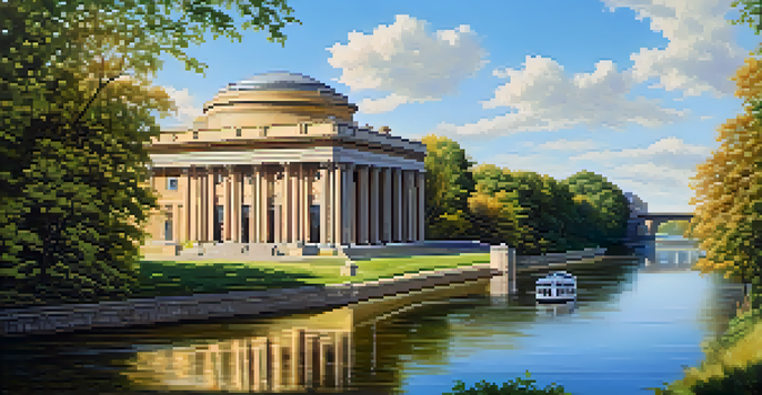 A picturesque view of a central bank building surrounded by trees and a river, bathed in sunlight.