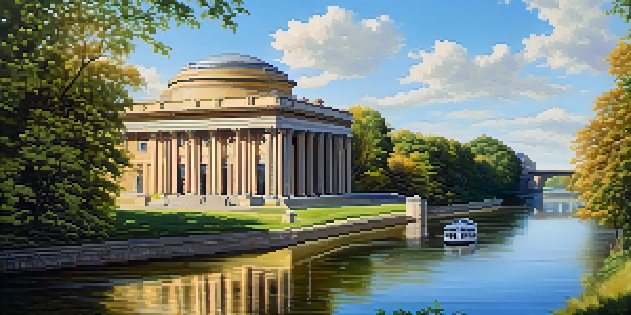 A picturesque view of a central bank building surrounded by trees and a river, bathed in sunlight.