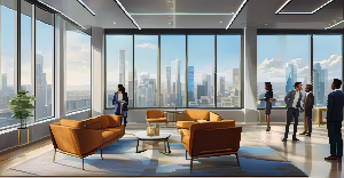 A modern investment office with young professionals discussing investments, featuring a city skyline view and contemporary decor.