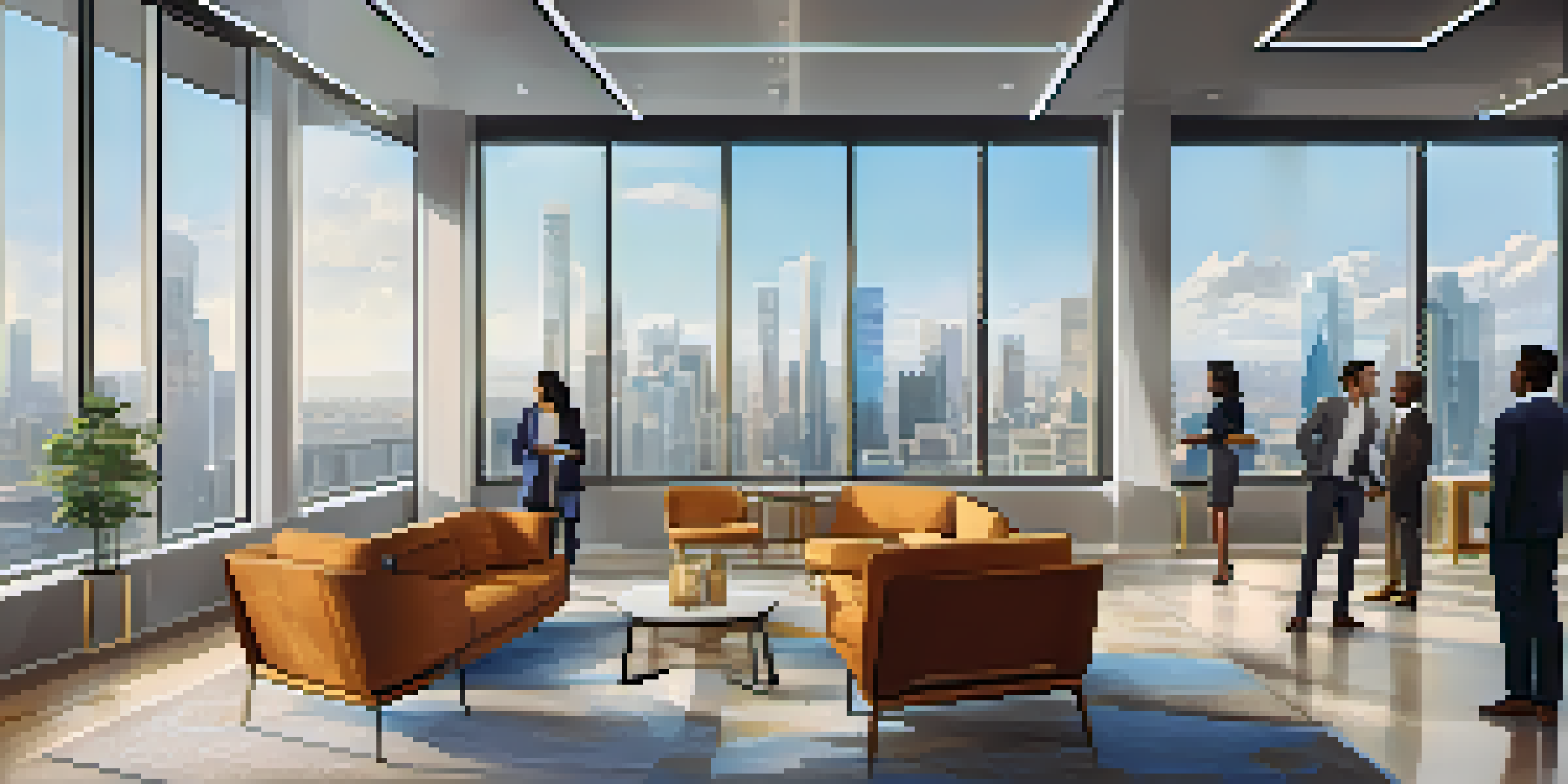 A modern investment office with young professionals discussing investments, featuring a city skyline view and contemporary decor.