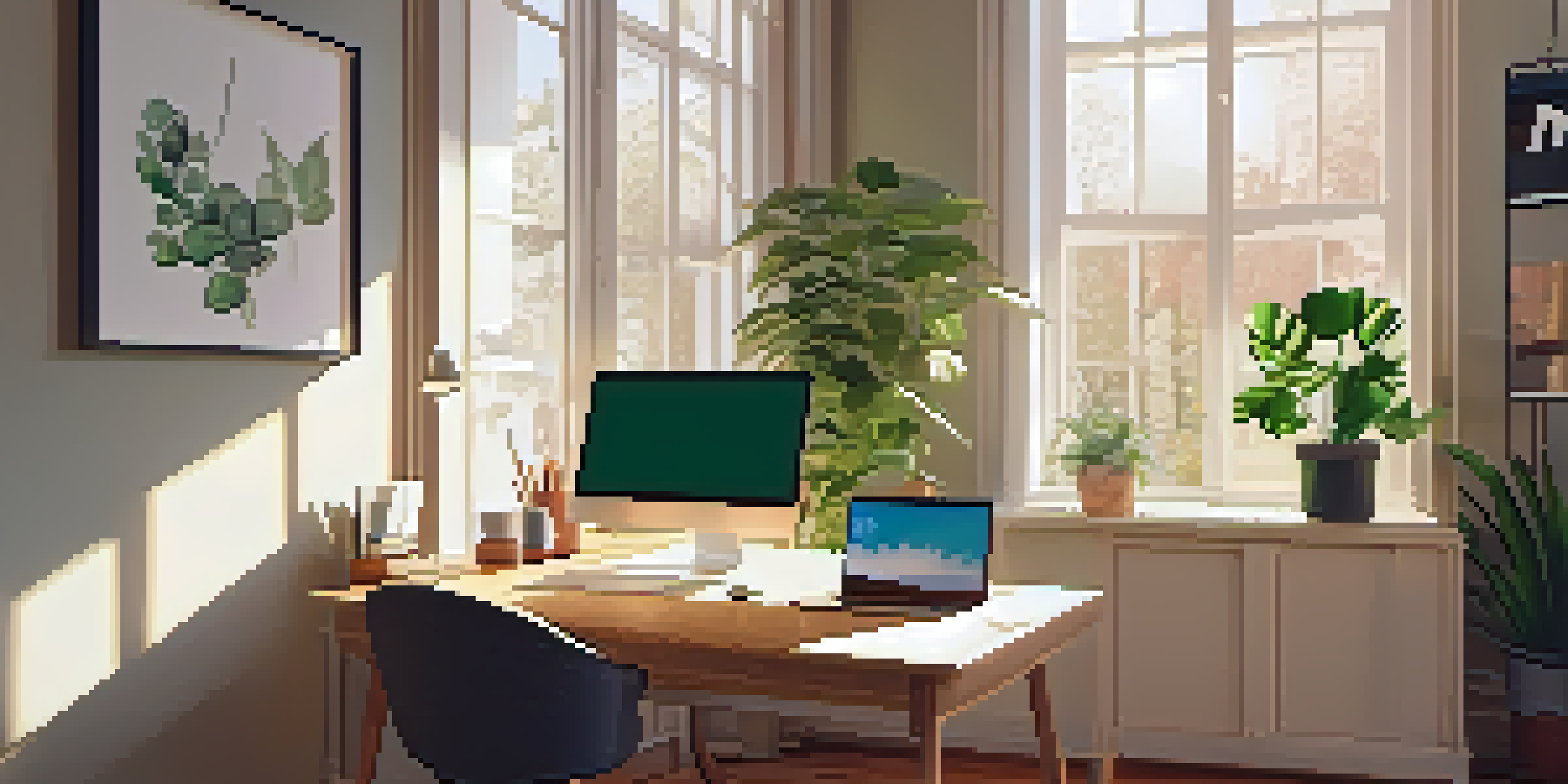 A warm and inviting home office scene featuring a wooden desk with a laptop, coffee cup, and a potted plant, illuminated by natural light.