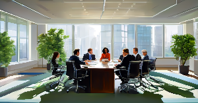 A group of diverse financial analysts discussing reports in a modern office with natural light and plants.