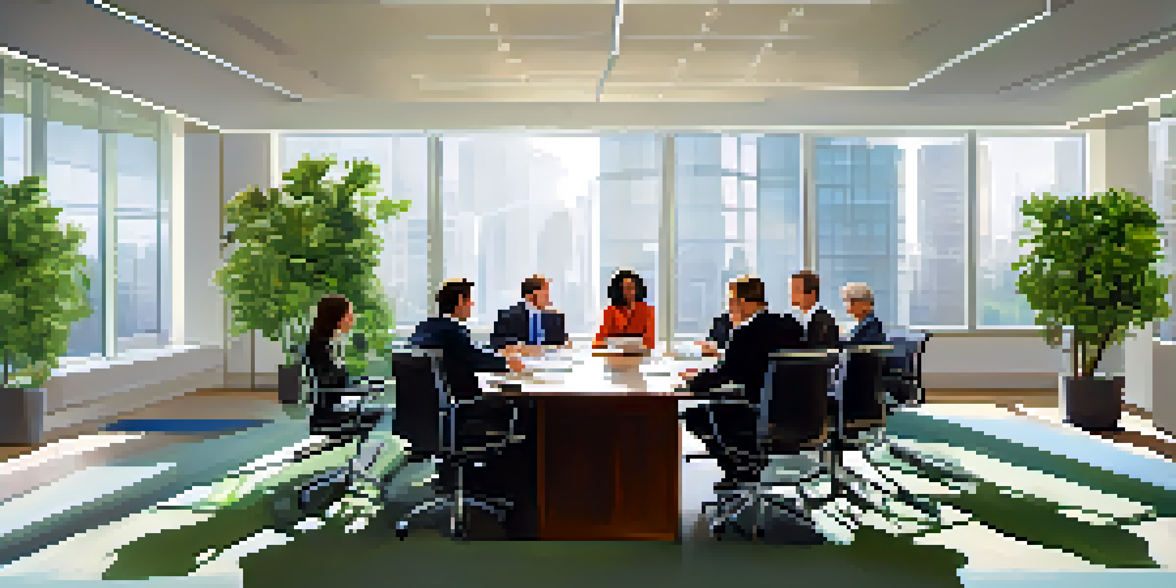 A group of diverse financial analysts discussing reports in a modern office with natural light and plants.