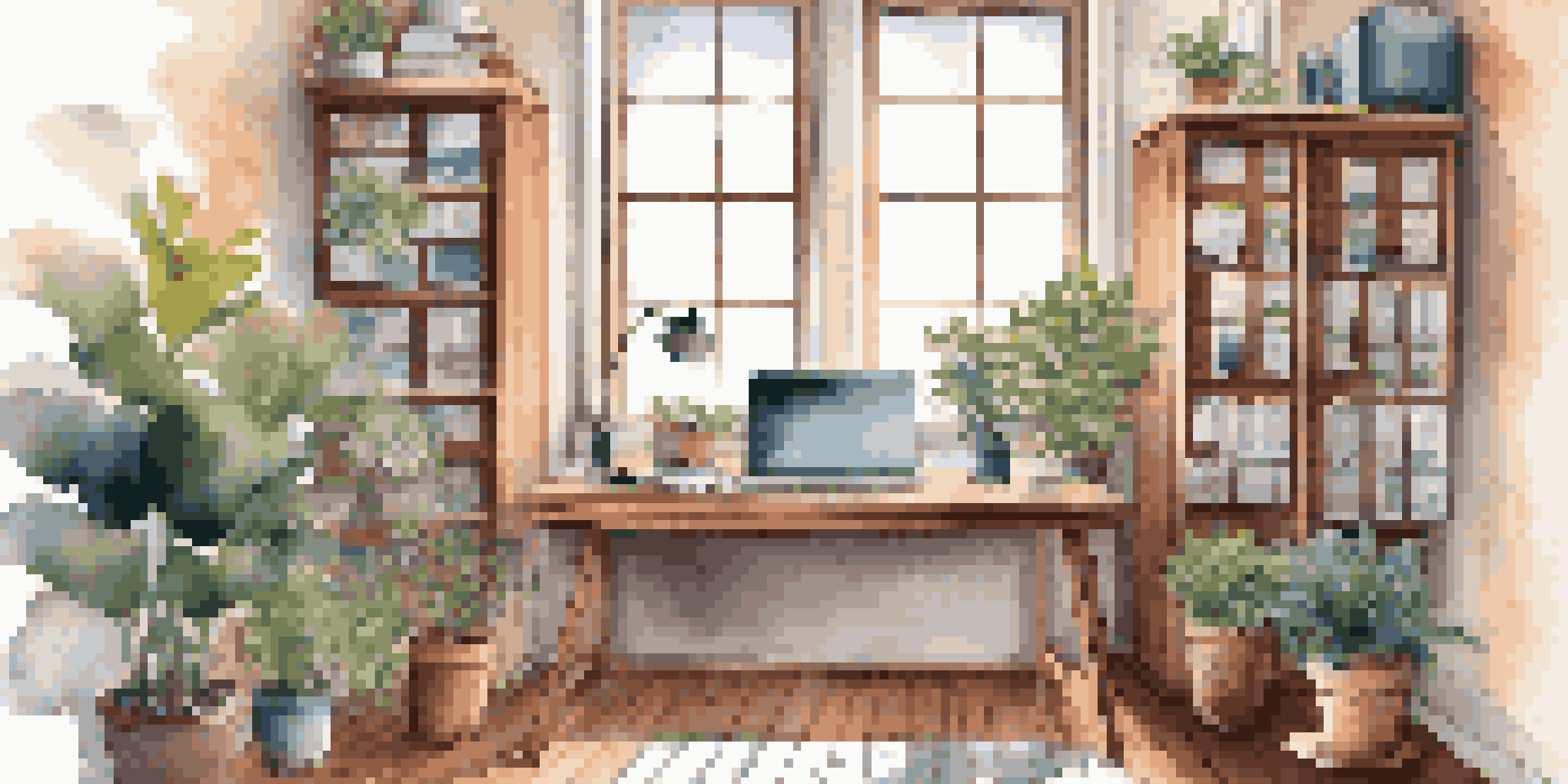 A well-organized home office with a wooden desk, laptop, and plants, bathed in natural light.