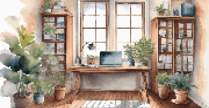 A well-organized home office with a wooden desk, laptop, and plants, bathed in natural light.
