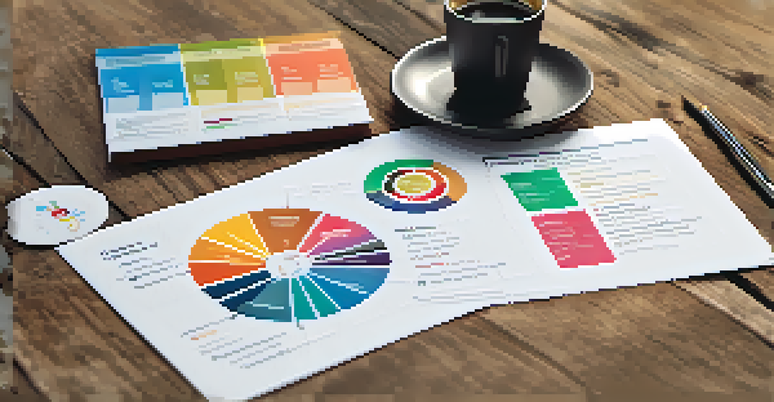 A close-up view of a fundraising pitch deck with infographics and investment strategies on a wooden table, accompanied by a pen and coffee cup.