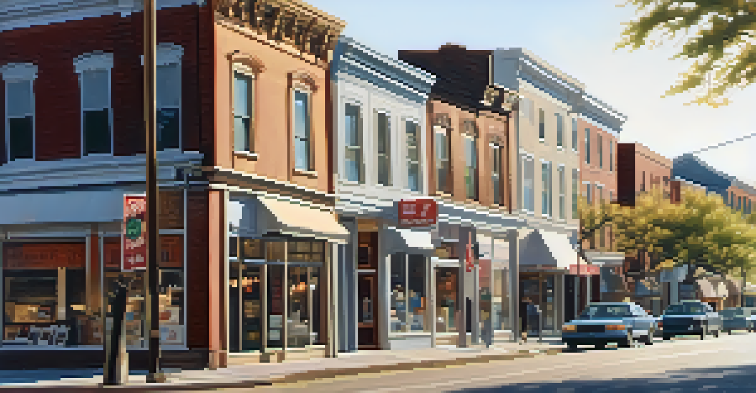 A neighborhood with both busy shops and empty storefronts in soft morning light, representing the real estate market's ups and downs.