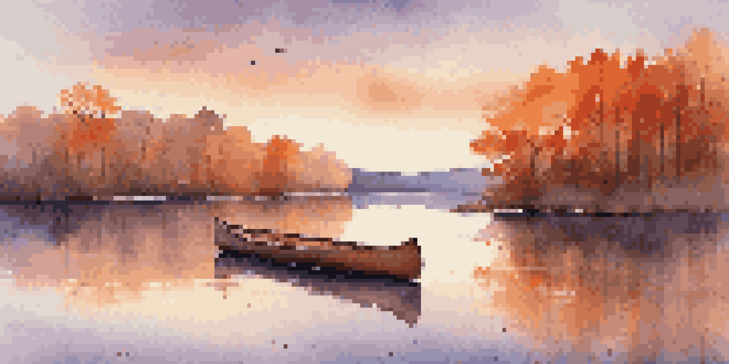 A tranquil lake surrounded by vibrant autumn trees, with a sunset sky and a canoe floating on the calm water.