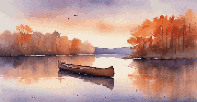 A tranquil lake surrounded by vibrant autumn trees, with a sunset sky and a canoe floating on the calm water.