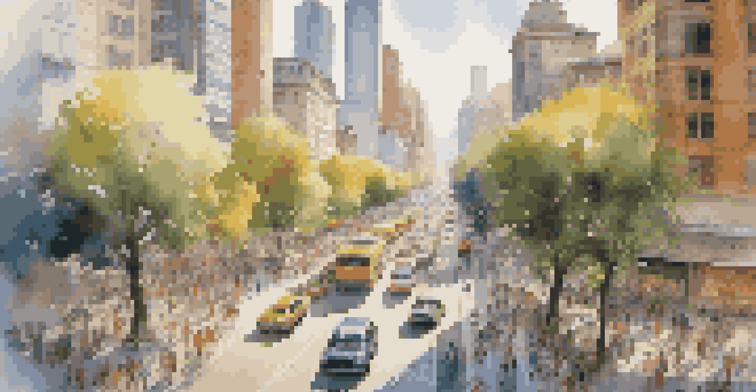 An aerial view of a bustling urban area with skyscrapers, parks, and busy streets, capturing the energy of city life.