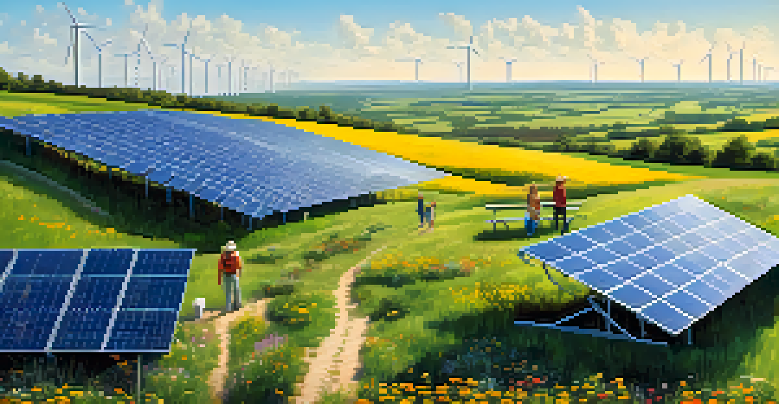 A renewable energy farm with solar panels and wind turbines set against a lush field of wildflowers under a blue sky with clouds.
