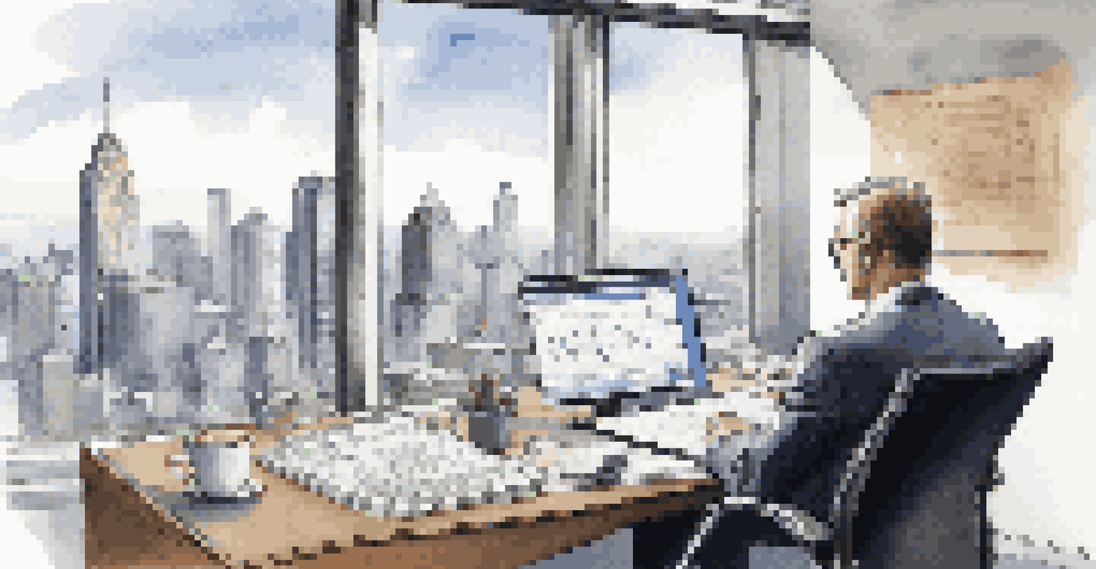 An executive reviewing stock options at a minimalist desk with a city view.