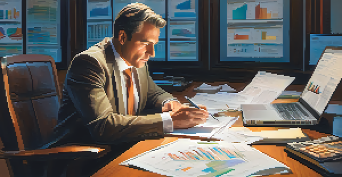 A person reviewing financial reports and graphs at a desk, showing deep concentration on investment strategies.