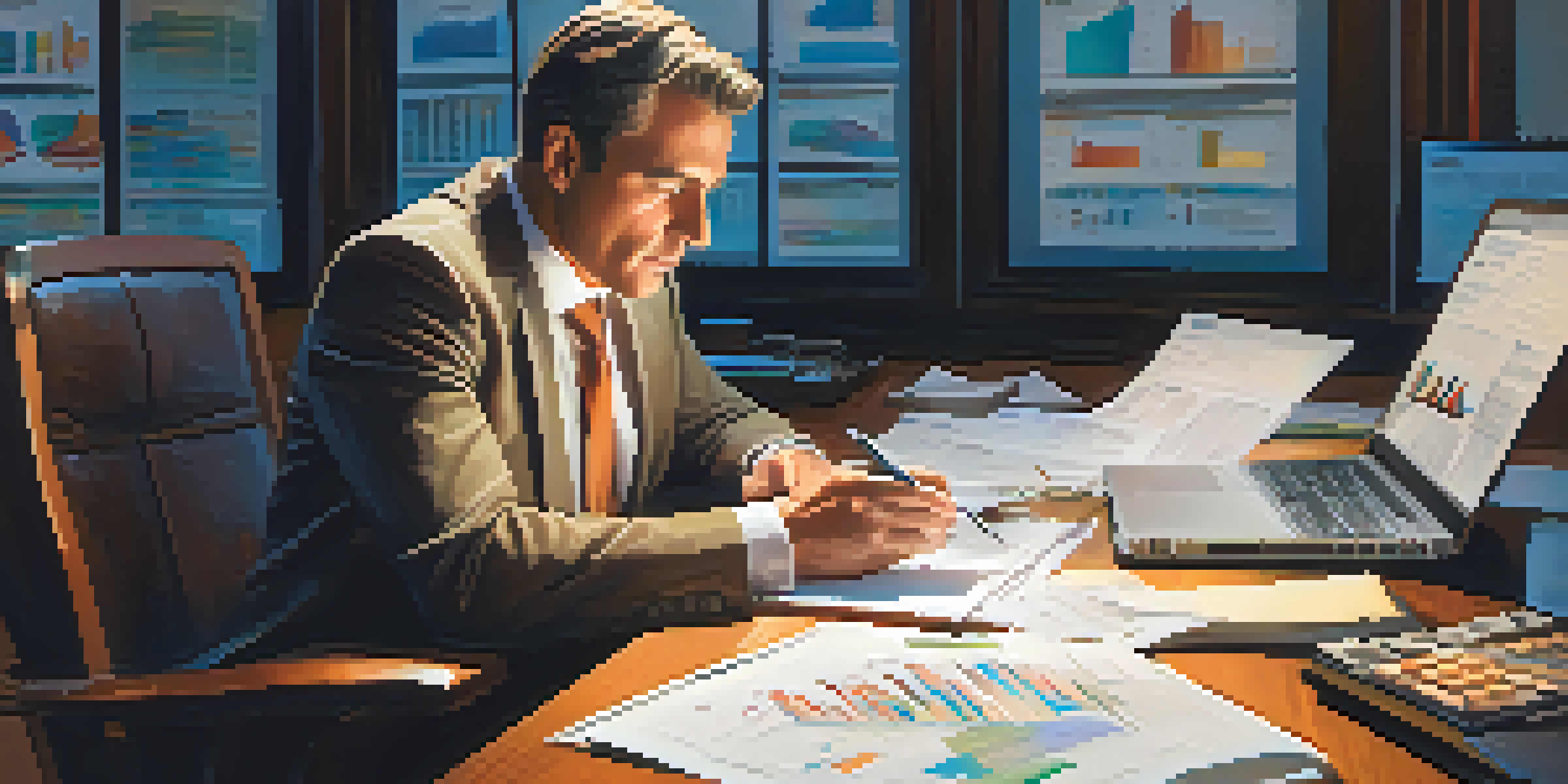 A person reviewing financial reports and graphs at a desk, showing deep concentration on investment strategies.