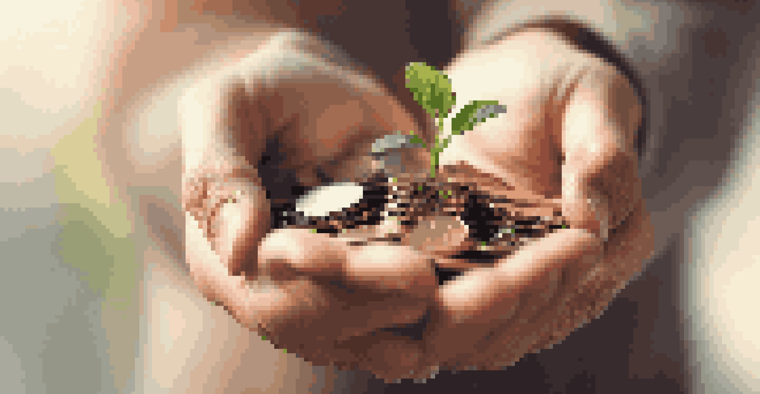 Hands holding a small plant growing from coins, representing the idea of sustainable investments.