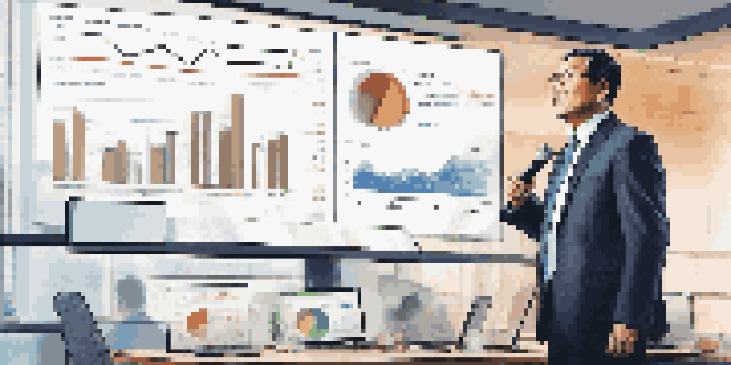A finance expert presenting engaging video content in a modern office with charts on a screen.