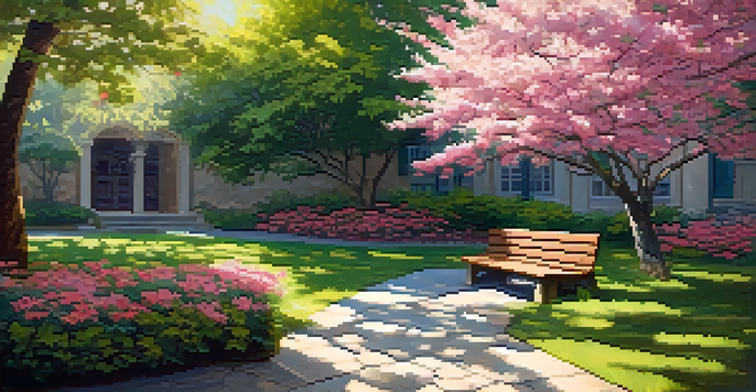 A serene garden with colorful flowers and a wooden bench under a cherry tree, illuminated by soft sunlight.