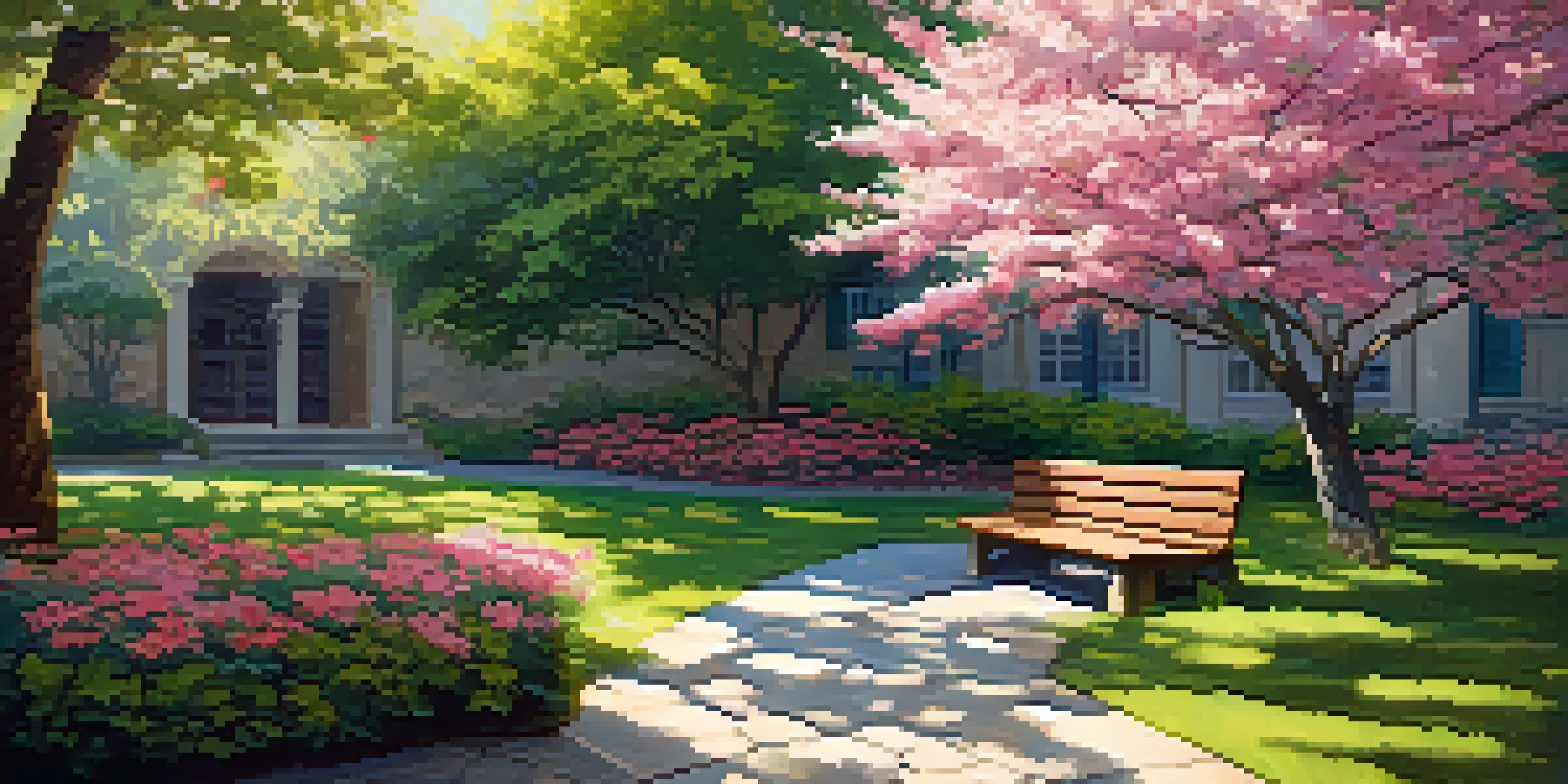 A serene garden with colorful flowers and a wooden bench under a cherry tree, illuminated by soft sunlight.