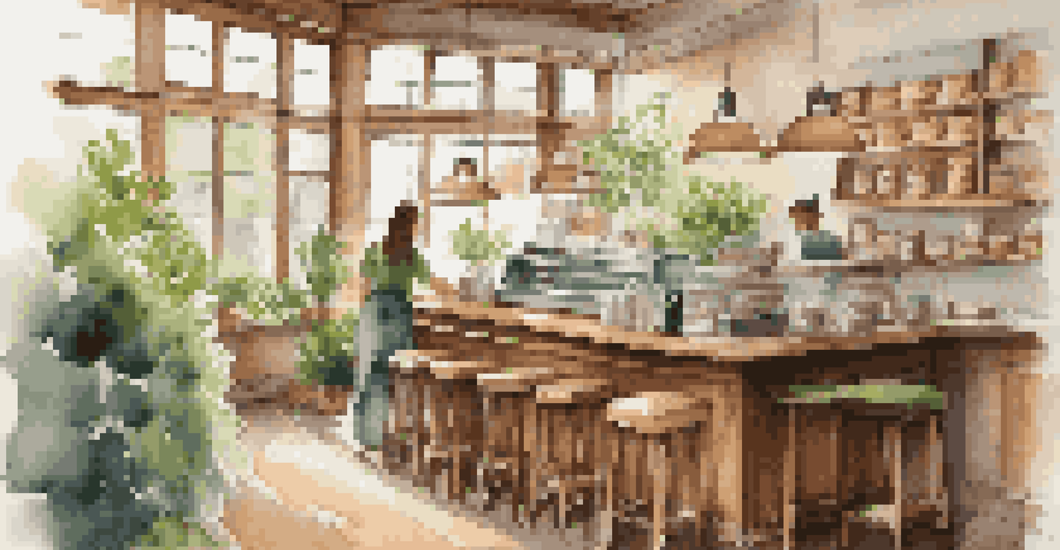A cozy coffee shop filled with natural light, featuring a barista making coffee and pastries on display.