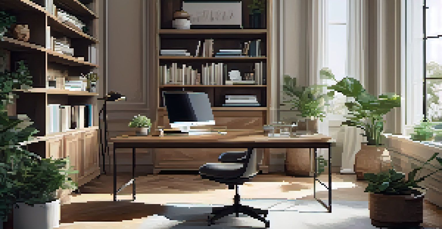 A modern home office with a wooden desk, laptop, and plants, illuminated by natural light from a window.