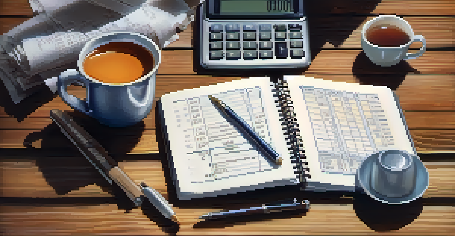 An open notebook with financial projections, a calculator, a pen, and a cup of tea on a wooden table.