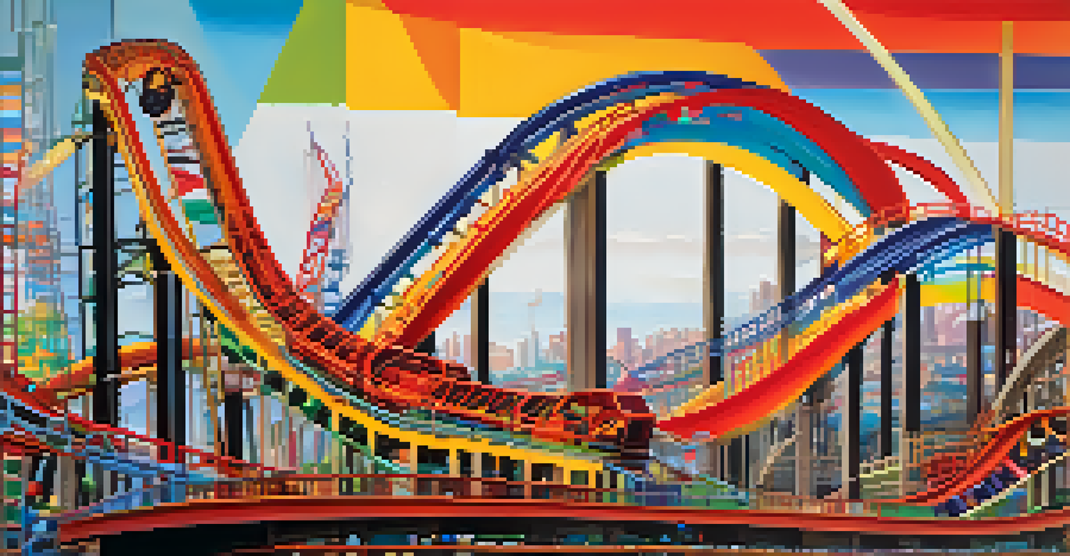 An abstract rollercoaster illustration depicting emotions in investing with colorful graphs and symbols.