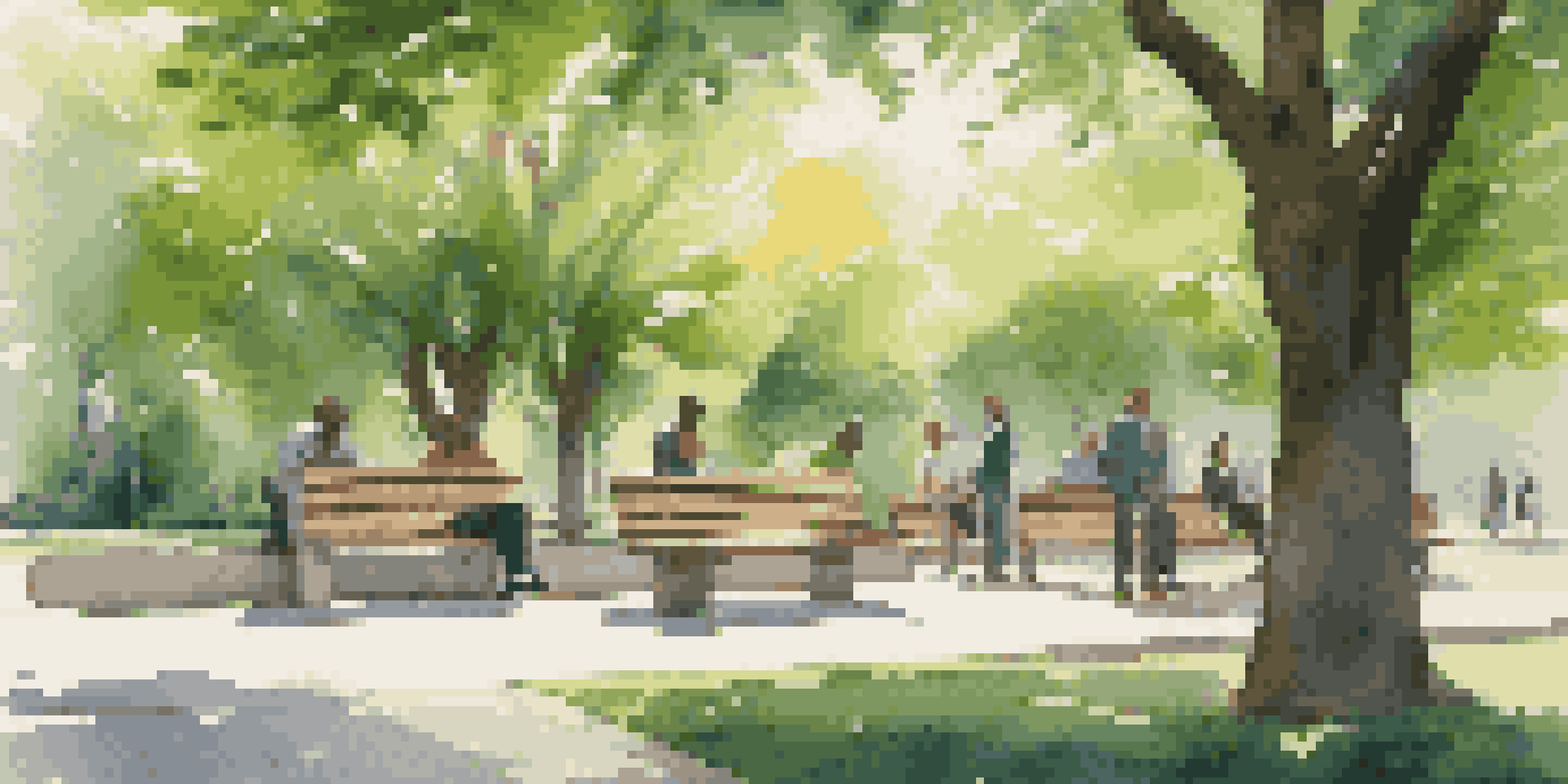 A modern office building surrounded by trees with people sitting on a bench, talking and enjoying the outdoors.