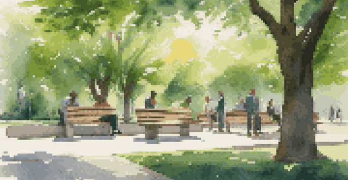 A modern office building surrounded by trees with people sitting on a bench, talking and enjoying the outdoors.