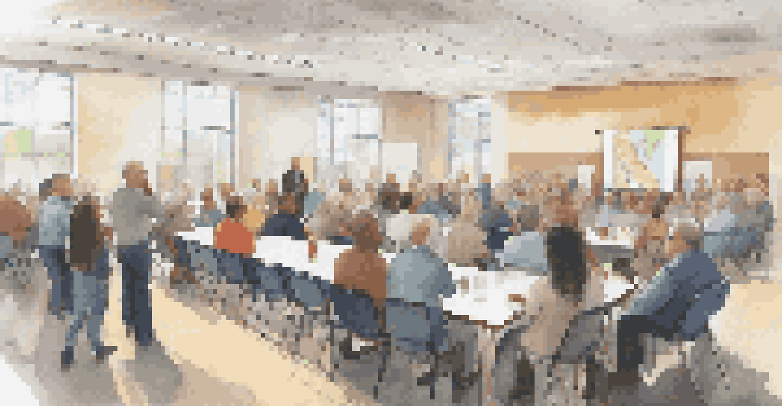 A public meeting in a community center with residents engaged in discussion, raising hands, and looking at a projector screen displaying infrastructure plans, illuminated by natural light.