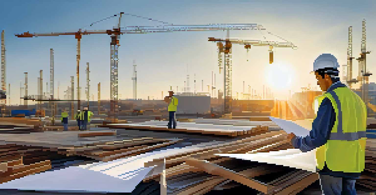 An engineer reviewing blueprints on a bright construction site.