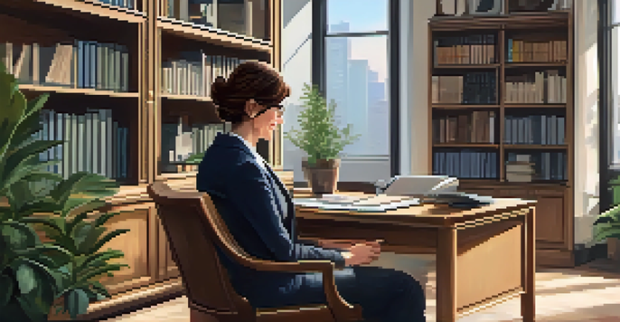 A friendly female financial advisor on a video call, smiling at her client, with a modern desk and bookshelf in the background.