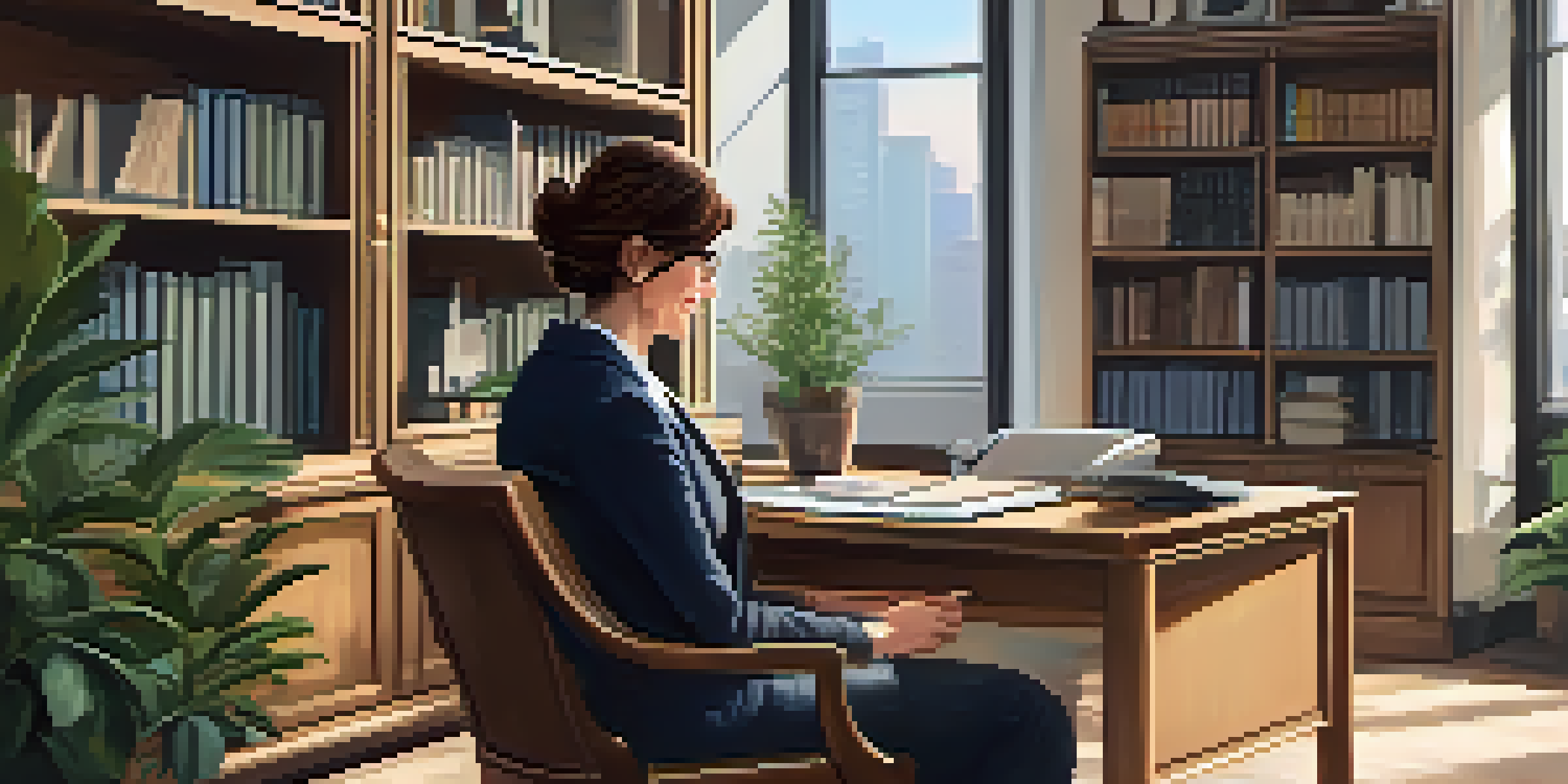 A friendly female financial advisor on a video call, smiling at her client, with a modern desk and bookshelf in the background.