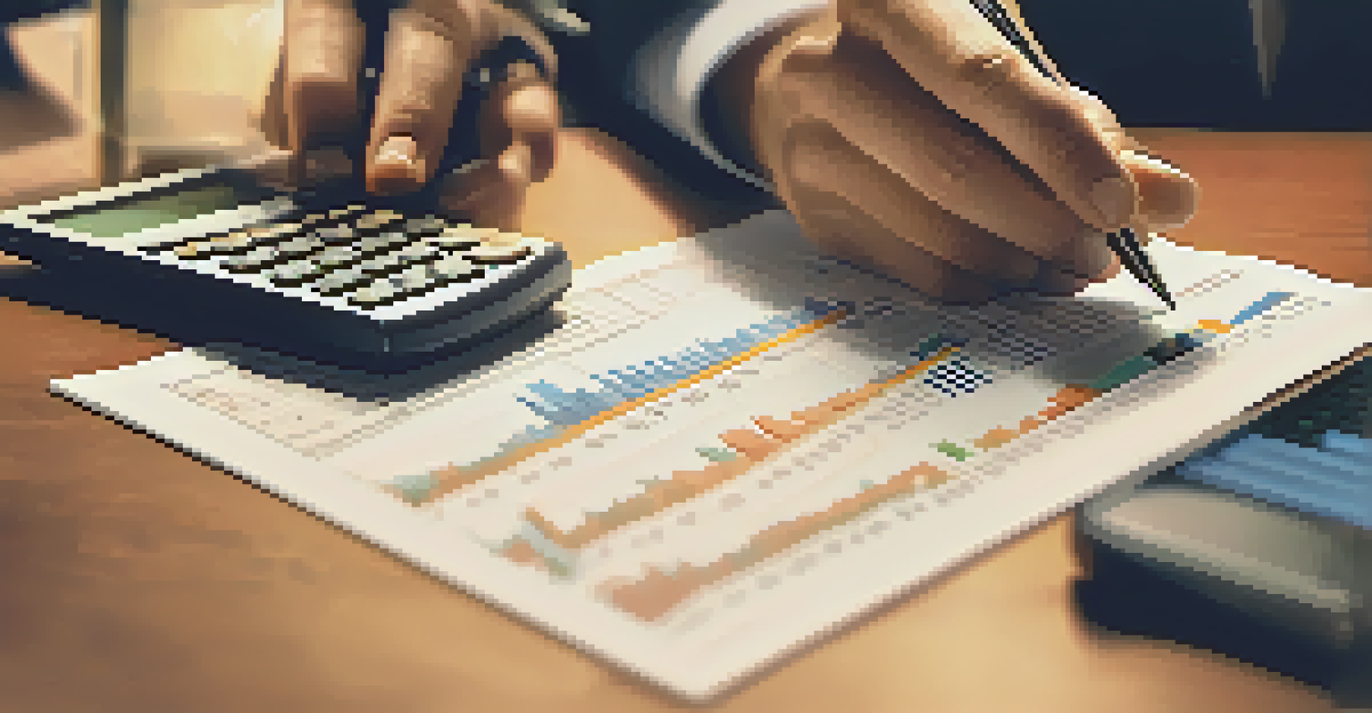 A close-up of hands writing notes on a financial report, with a calculator and a smartphone showing stock market data in the background, illuminated by bright light.