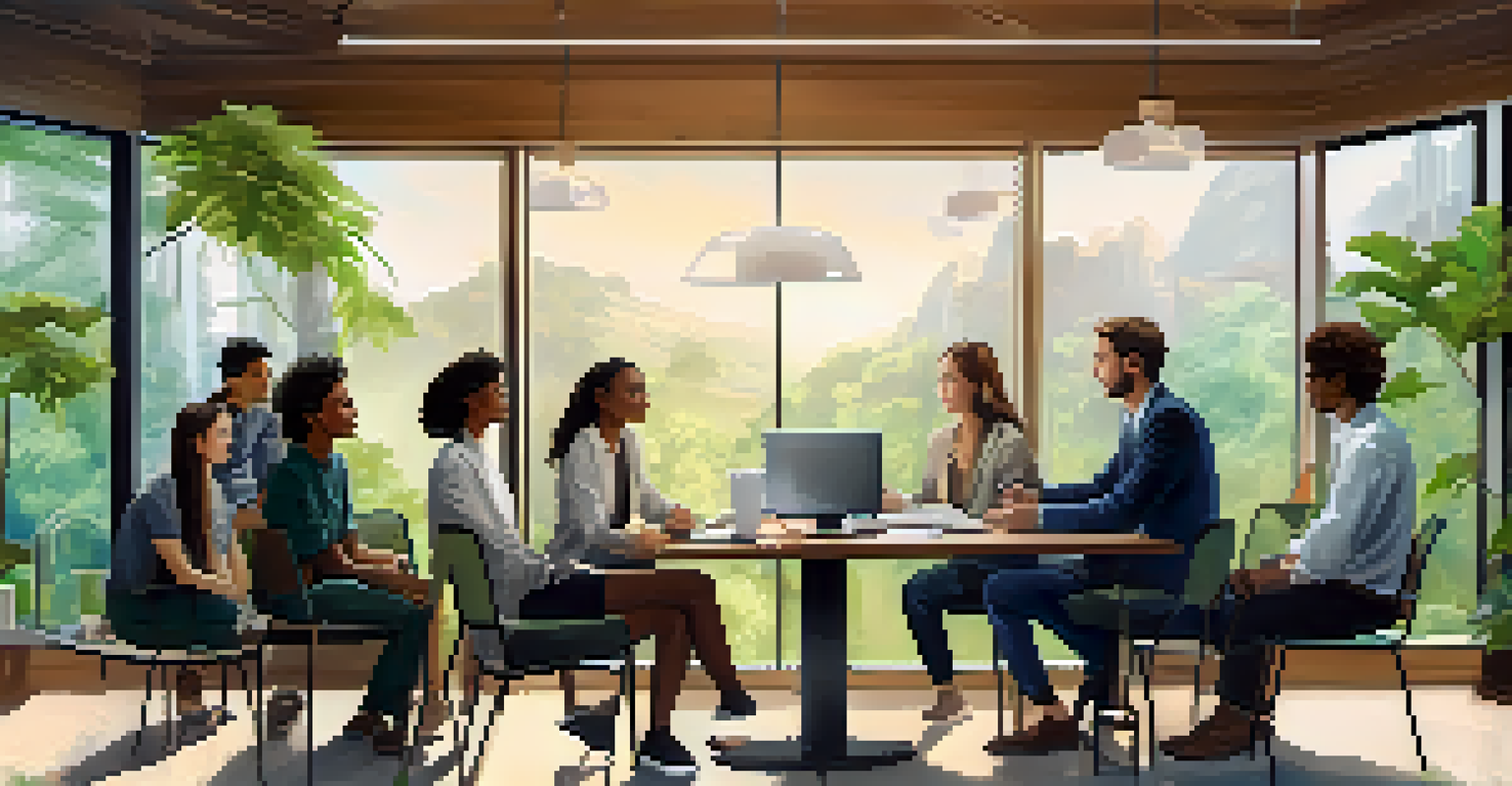 A diverse group of young investors collaborating on sustainable investment strategies in a bright, green environment.