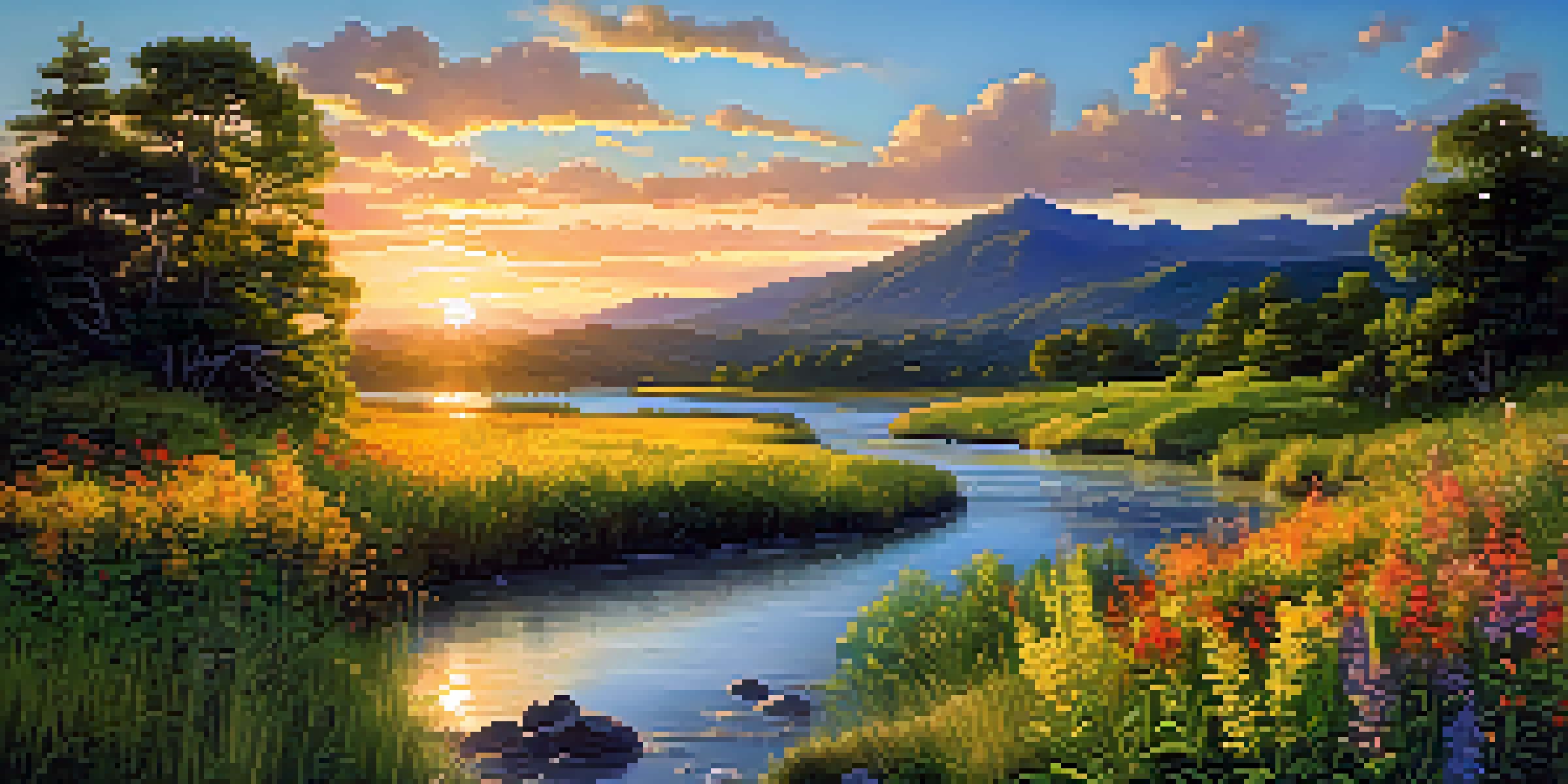 A peaceful landscape showing a winding river with green hills and a sunset in the background, featuring wildflowers in the foreground.