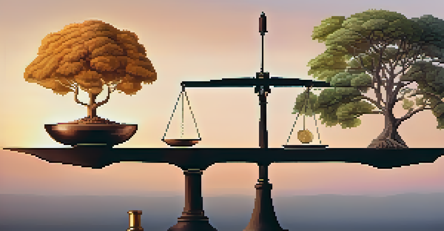 A balanced scale with a small tree on one side and a stack of coins on the other, symbolizing the balance between long-term and short-term investing.